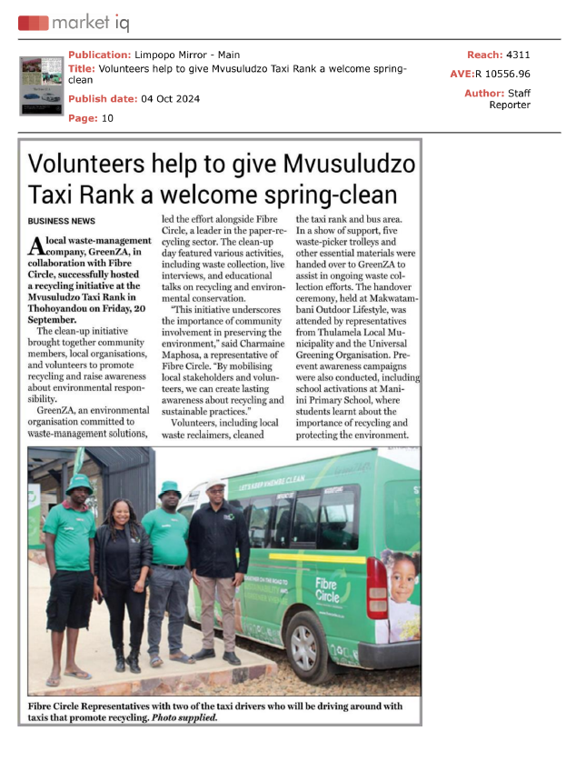 GreenZA team with Fibre Circle representatives and taxi drivers promoting recycling at Mvusuludzo Taxi Rank